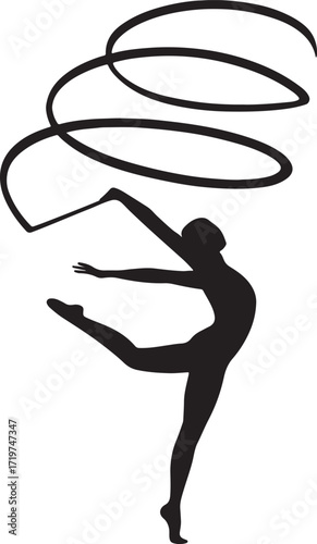 Silhouette of a rhythmic gymnast performing with a flowing ribbon in a graceful dynamic pose