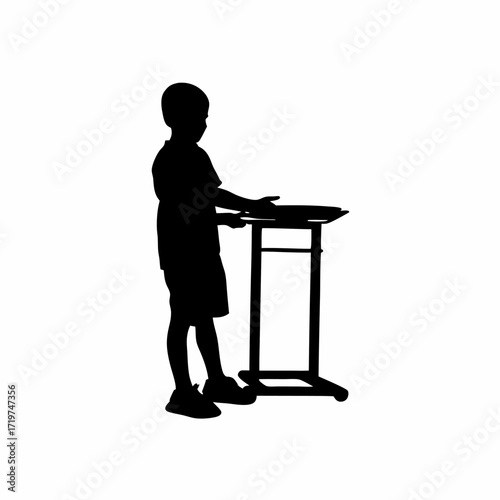 Boy brings food tray to parents in hospital bed silhouette on white background isolated on white background