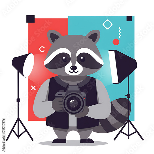 A cartoon raccoon photographer holding a camera, posing in a studio setting with lighting.