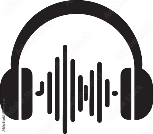 Black silhouette of headphones with a sound wave equalizer graphic in the center representing audio