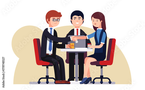Illustration concept of concluding a contract, business negotiations, insurance. Two male businessmen shake hands, make a deal, sign a contract, an insurance policy. Clipboard with agreement, contract