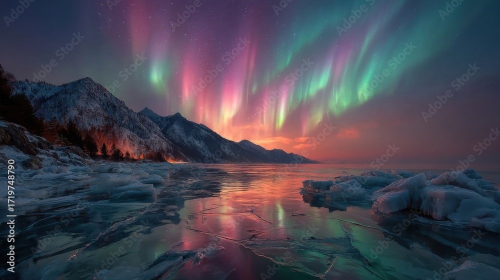 Naklejka premium A serene frozen lake under a vibrant aurora borealis, icy surface reflecting colorful lights,