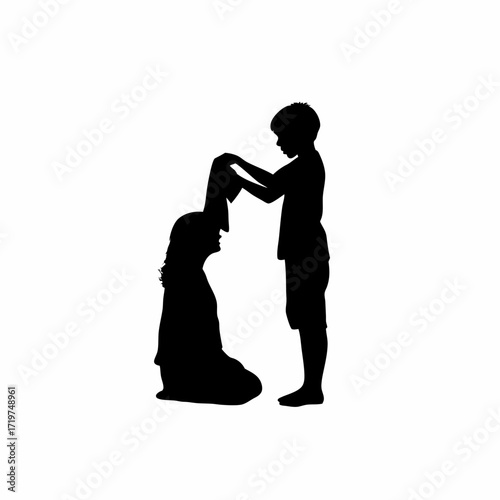 Silhouette of a caring son placing a wet cloth on his mother s forehead isolated on white background
