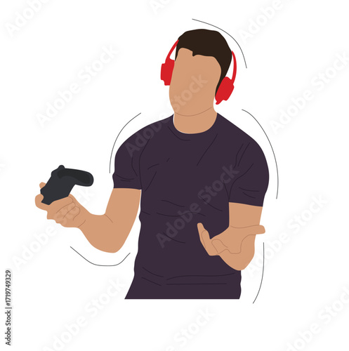young people are playing games with the crazy eyes and sticking out his tongue. man playing games, holding game stick