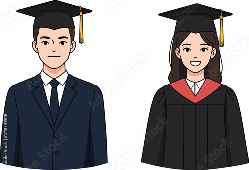 Man and woman in graduation attire, wearing caps and gowns, academic achievement, commencement ceremony, education success, vector art, celebration illustration