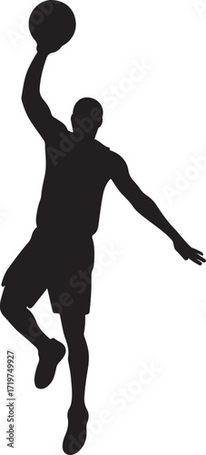 Silhouette of a basketball player in mid air performing a powerful slam dunk with the ball held high