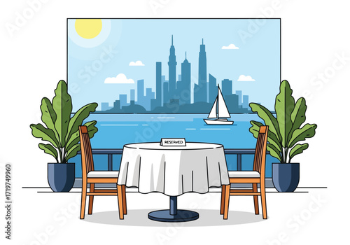 Vector illustration of illustration of table for two at a restaurant with city view
