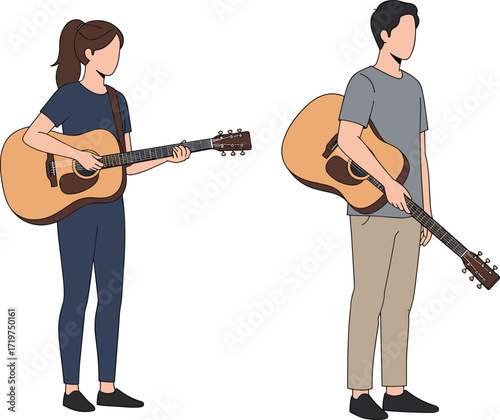 Man and woman with acoustic guitars, playing and holding position, musical performance, casual outfit, minimalist design, vector art, creative lifestyle illustration