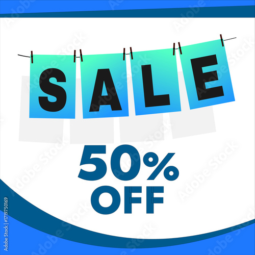 Vector banner for advertising discounts with text blue elements on clothespins flat design