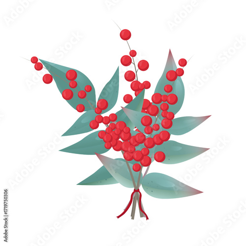 Nandina (Nanten) branch with red berries and leaves