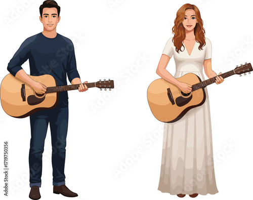 Man and woman playing acoustic guitar, musical performance, couple illustration, folk music, live show, artistic design, vector art, creative lifestyle