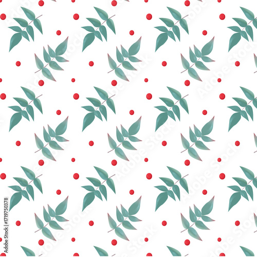 Seamless pattern nandina (Nanten) branch with red berries and leaves