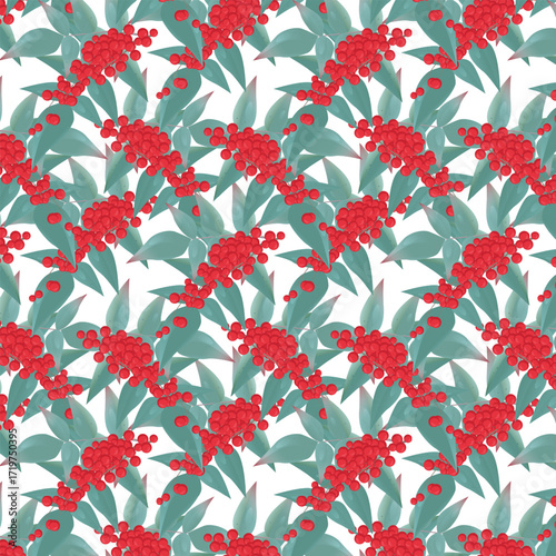 Seamless pattern nandina (Nanten) branch with red berries and leaves