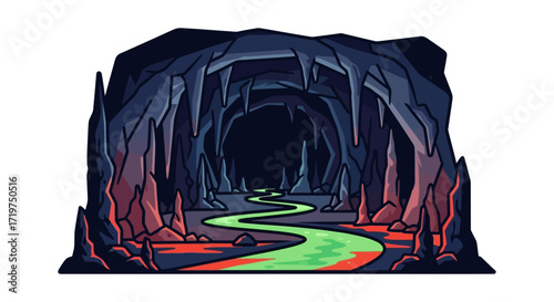 Mysterious Cartoon Cave Entrance with Flowing Green River and Stalactites Art