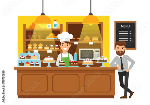 Vector illustration of illustration of baker and customer in a bakery