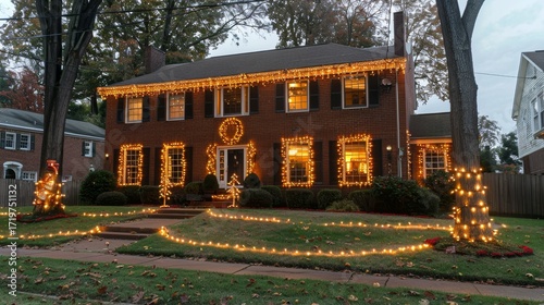 Charming Suburban Home Dazzling with Colorful Christmas Lights, Decorations, and Holiday Spirit