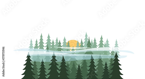 Serene pine forest landscape with a warm sunlight backdrop illustration vector