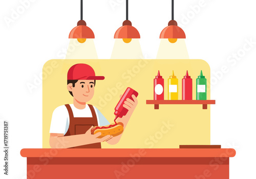 Vector illustration of illustration of man in red cap making hot dog with ketchup