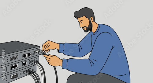 Man connecting cables to electronic devices for network setup
