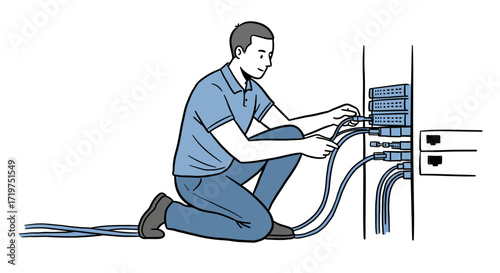 Technician Working on a Server Rack Wiring System Maintenance