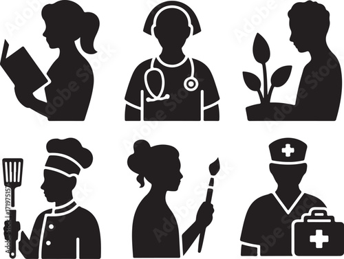 Diverse career silhouettes icons set design