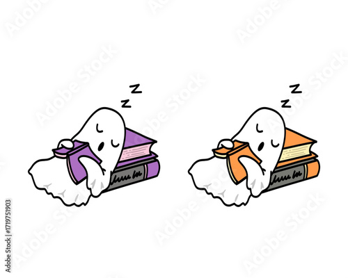Adorable cartoon ghosts peacefully sleeping on a stack of books, dreaming of enchanting Halloween stories and cozy autumn nights, a whimsical illustration perfect for spooky season designs