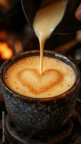 Creamy steamed milk is poured into a dark coffee mug, forming a distinct heart shaped latte art.