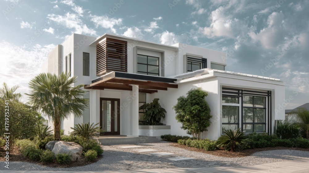 Fototapeta premium Elegant modern house with clean lines and white walls features large windows reflecting sunlight,