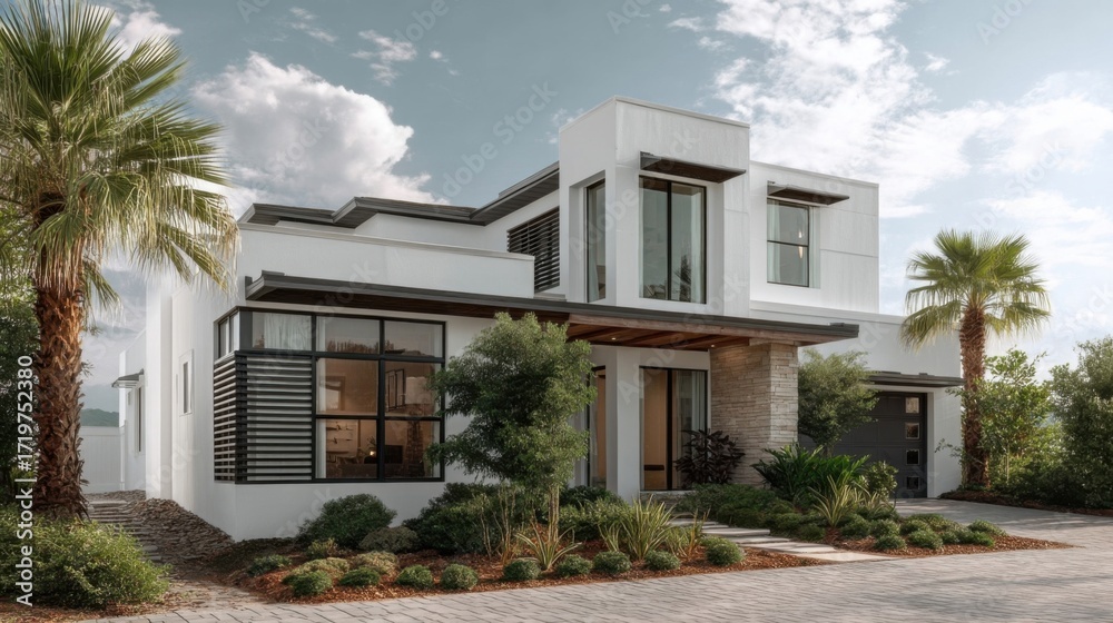 Fototapeta premium A modern residential house with white exterior walls and large glass windows, flat roof with overhang,