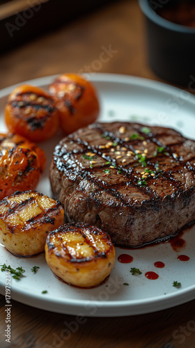 A gourmet grilled beef steak with clear grill marks is beautifully served with roasted small potatoes and plump red tomatoes.