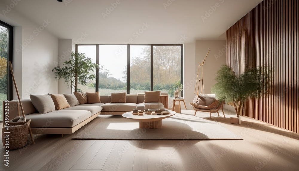 Fototapeta premium modern minimalist living room design with natural light and wooden accents