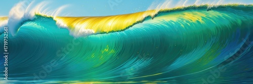 Vibrant ocean wave captured in motion under clear blue sky