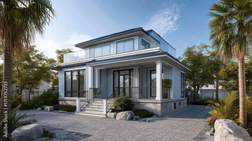 Obraz premium Modern two-story residential building with geometric facade, symmetrical windows, glass balustrades, entrance steps,