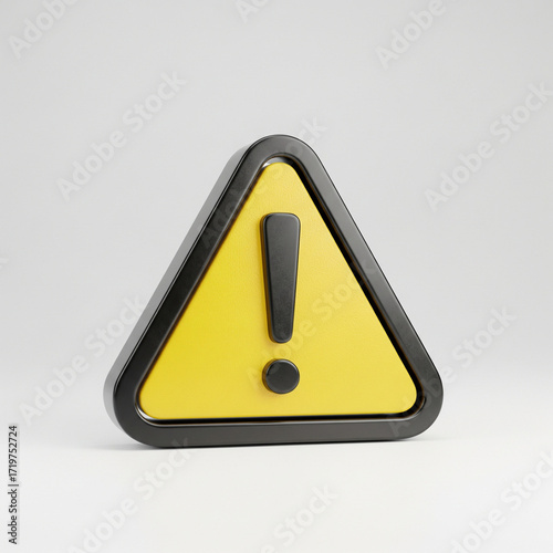 A realistic 3D render of a yellow warning triangle sign with a black exclamation mark, isolated on a clean white studio background