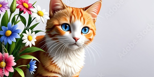 Charming orange cat with bright blue eyes among colorful flowers
