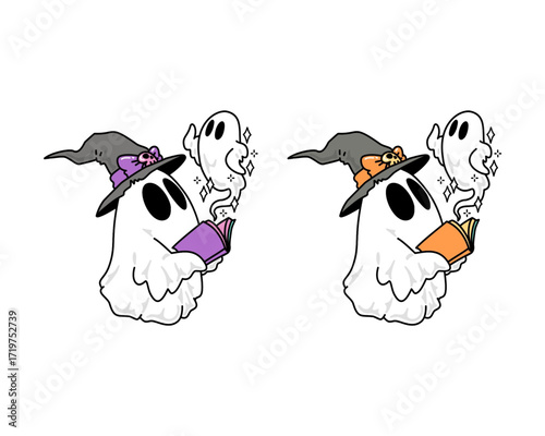 Whimsical Halloween Ghosts Adorned with Witch Hats Reading Magical Spell Books, Preparing for an Enchanting and Spooky Night of Festivities and Charms