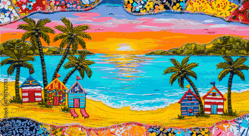 Colorful Beach Huts on a Tropical Shoreline at Sunset A Vibrant Coastal Paradise