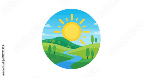 Vibrant cartoon landscape illustration featuring rolling hills river sun and blue sky symbolizing