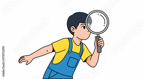 A young boy intensely examining with a magnifying glass with curiosity and focus illustration