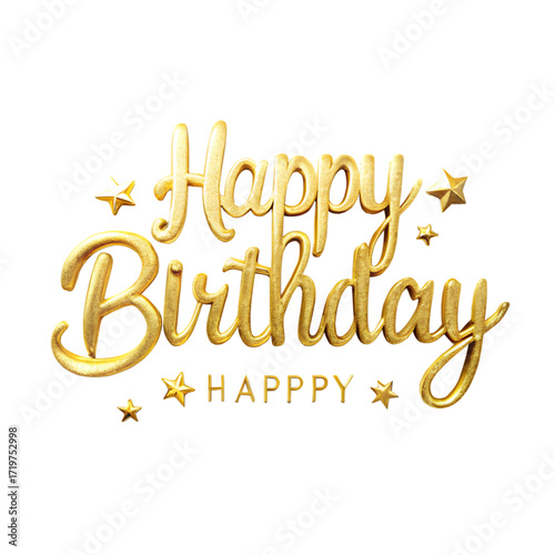 Golden text happy birthday with stars, isolated on transparent background
