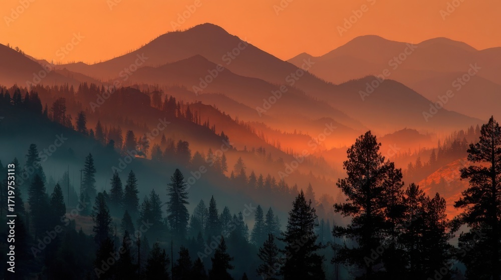 Obraz premium Enchanting sunrise or sunset landscape with dense coniferous trees, rolling hills,