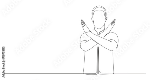 continuous line art of a man crossing his arms in a gesture of rejection.