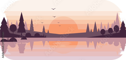 Enjoy the serenity of this stunning lakeside scene with silhouetted trees and birds at sunset offering peaceful, calming vibes for any design project