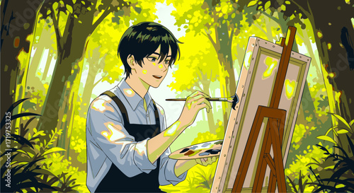 A Young Artist Painting in the Forest Sunlight