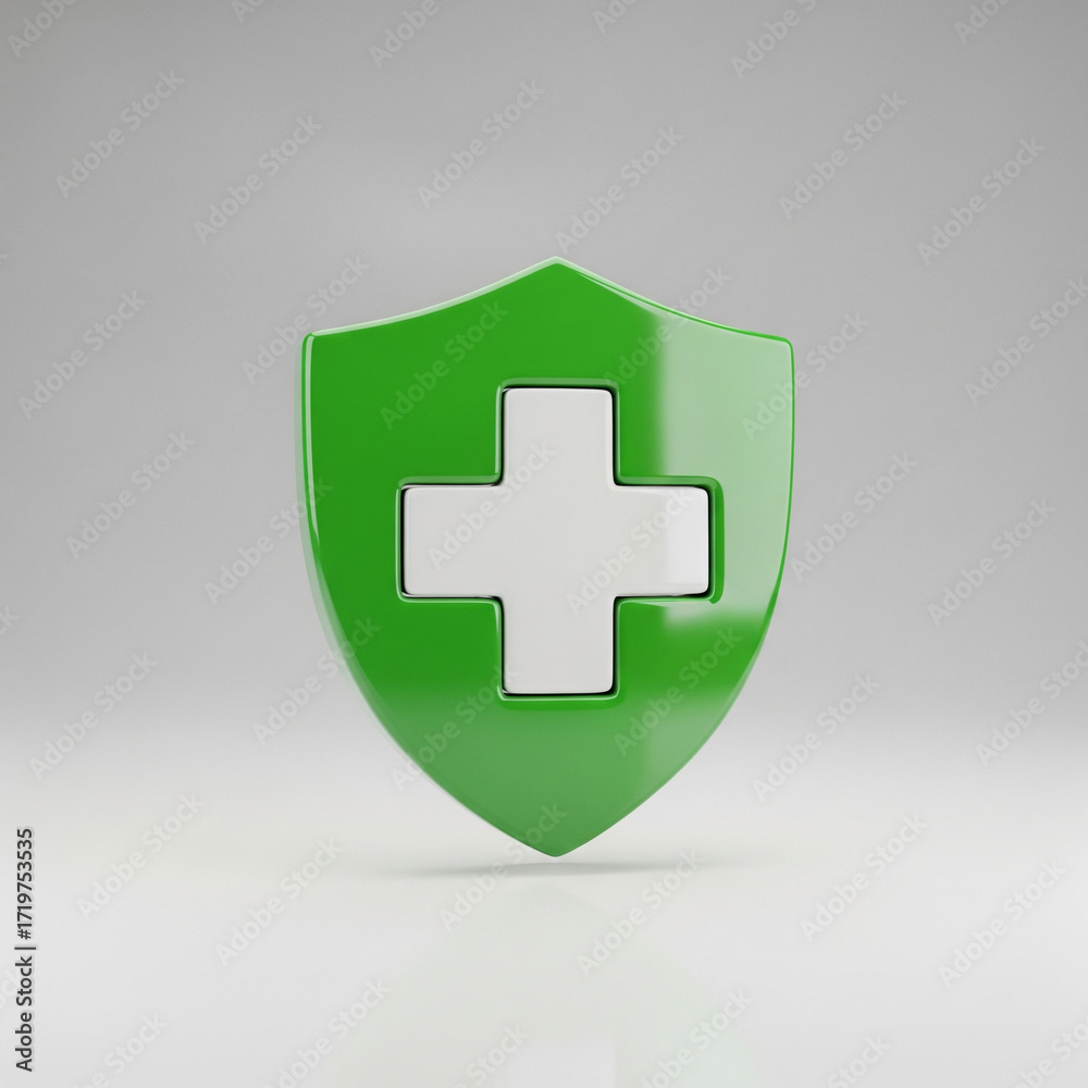 Obraz premium Glossy green health protection shield with a white cross icon. A 3D rendered symbol illustrating medical safety, security, and healthcare insurance