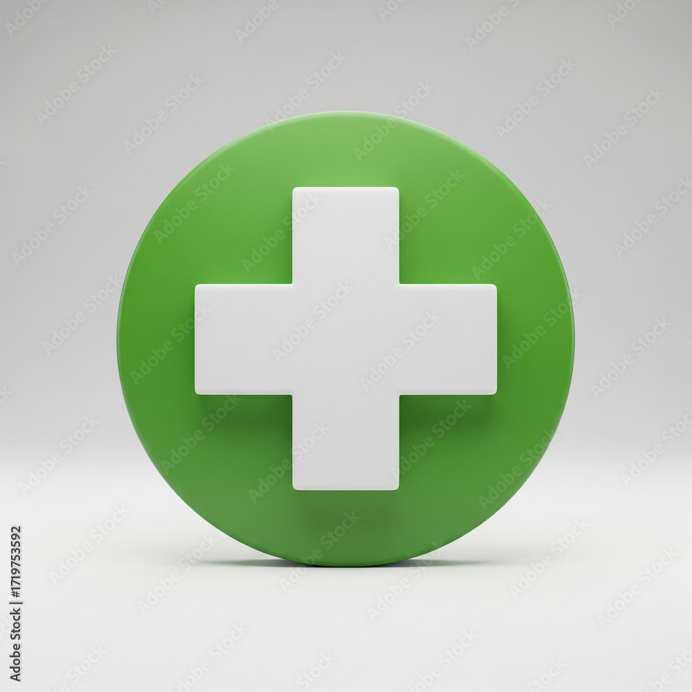 Fototapeta premium Green circular icon with a white plus symbol, representing health, medical assistance, and wellness