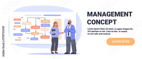 Management concept teamwork business discussion flowchart planning two colleagues talking in office with organizational chart on screen modern workspace