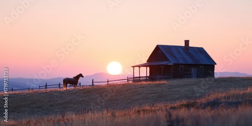 Horse standing near old wooden cabin at sunset in rural landscape