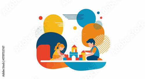 Colorful vector illustration depicting children joyfully playing with building blocks