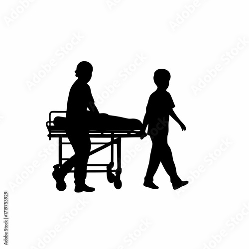 Silhouette of boy pushing hospital stretcher with parent isolated on white background